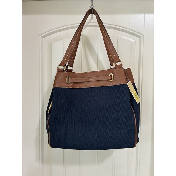 MICHAEL KORS MARINA HANDBAG LARGE NAVY BLUE BROWN CANVAS BROWN TRIM NWT - Picture 2 of 9